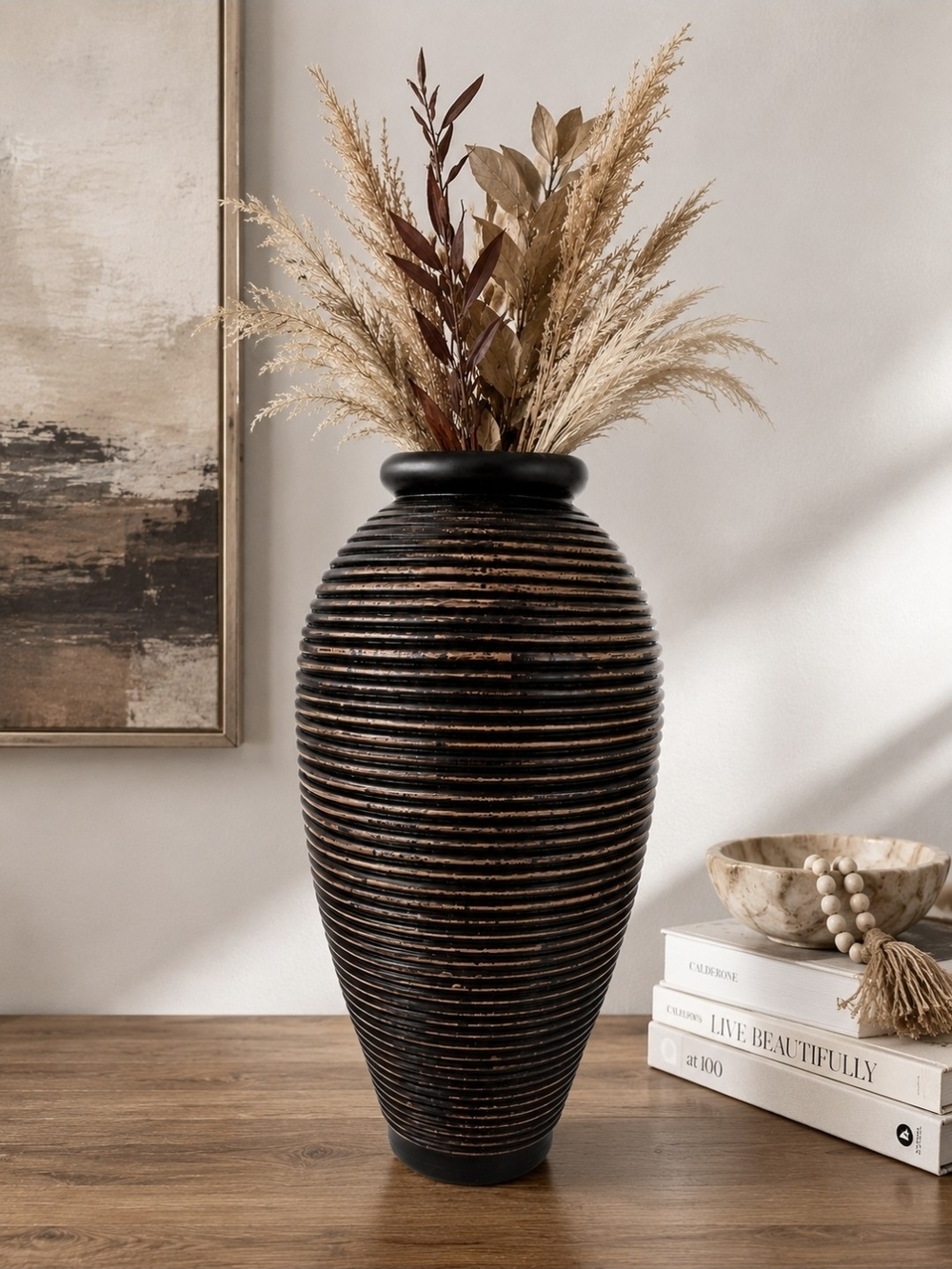Large 18" Ribbed Black & Bronze Decorative Vase – Modern Home Décor - Picture 4 of 12